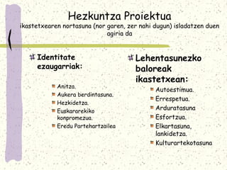Hezkuntza Proiektua
ikastetxearen nortasuna (nor garen, zer nahi dugun) isladatzen duen
                             agiria da


     Identitate                       Lehentasunezko
     ezaugarriak:                     baloreak
                                      ikastetxean:
            Anitza.
                                             Autoestimua.
            Aukera berdintasuna.
                                             Errespetua.
            Hezkidetza.
            Euskararekiko
                                             Arduratasuna
            konpromezua.                     Esfortzua.
            Eredu Partehartzailea            Elkartasuna,
                                             lankidetza.
                                             Kulturartekotasuna
 