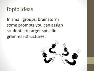 Topic Ideas
In small groups, brainstorm
some prompts you can assign
students to target specific
grammar structures.