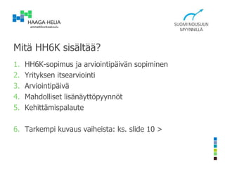 Mitä HH6K sisältää?
1. HH6K-sopimus ja arviointipäivän sopiminen
2. Yrityksen itsearviointi
3. Arviointipäivä
4. Mahdollis...
