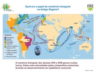 Hora H / 8.º ano
Qual era o papel do comércio triangular
no Antigo Regime?
O comércio triangular dos séculos XVII e XVIII gerava muitos
lucros. Estes eram reinvestidos pelas companhias comerciais,
levando ao desenvolvimento do capitalismo comercial.
 
