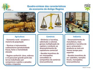 Hora H / 8.º ano
Agricultura
- Economia rural – ocupava a
maioria da população
- Técnicas e instrumentos
rudimentares (produtividade
fraca), fome e mortalidade
elevada
- Regime senhorial: clero, nobreza
e rei possuíam grande parte das
terras trabalhadas por
camponeses sujeitos a pesadas
rendas e impostos
Comércio
- Dinâmico e lucrativo,
sobretudo o colonial,
gerava multiplicação de
capitais e conduziu ao
desenvolvimento do
capitalismo comercial
- Recebia incentivos do
rei: monopólios
concedidos às
companhias de comércio
(mercantilismo)
Indústria
- Desenvolvimento da
manufatura, mais
produtiva e lucrativa do
que o artesanato –
produzia-se mais em
menos tempo para
exportar
- Recebia incentivos do
rei: subsídios, isenções
fiscais, monopólios
(mercantilismo)
Quadro-síntese das características
da economia do Antigo Regime
 