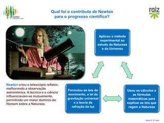 Hora H / 8.º ano
Aplicou o método
experimental ao
estudo da Natureza
e do Universo
Usou os cálculos e
as fórmulas
matemáticas para
explicar as leis que
regem a Natureza
Formulou as leis do
movimento, a lei da
gravitação universal
e a teoria da
refração da luz
Qual foi o contributo de Newton
para o progresso científico?
Newton criou o telescópio refletor,
melhorando a observação
astronómica. A técnica e a ciência
influenciavam-se mutuamente,
permitindo um maior domínio do
Homem sobre a Natureza.
 