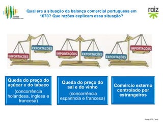 Hora H / 8.º ano
Qual era a situação da balança comercial portuguesa em
1670? Que razões explicam essa situação?
Queda do preço do
açúcar e do tabaco
(concorrência
holandesa, inglesa e
francesa)
Queda do preço do
sal e do vinho
(concorrência
espanhola e francesa)
Comércio externo
controlado por
estrangeiros
 