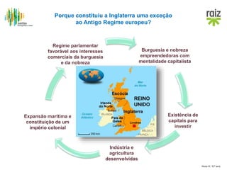 Hora H / 8.º ano
Porque constituiu a Inglaterra uma exceção
ao Antigo Regime europeu?
Burguesia e nobreza
empreendedoras com
mentalidade capitalista
Existência de
capitais para
investir
Indústria e
agricultura
desenvolvidas
Expansão marítima e
constituição de um
império colonial
Regime parlamentar
favorável aos interesses
comerciais da burguesia
e da nobreza
 
