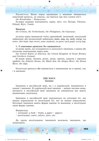 183
Ï ð è ì і ò ê à. ßêùî ïåðåä ïðіçâèùåì ó ìíîæèíі âæèâàєòüñÿ
îçíà÷åíèé àðòèêëü, öå îçíà÷àє, ùî éäåòüñÿ ïðî âñіõ ÷ëåíіâ ñіì’ї:
the Kovalenkos – Êîâàëåíêè;
á) ïåðåä íàçâàìè êîíòèíåíòіâ, êðàїí, ìіñò, ñіë: Europe, Ukraine,
Poland, Kyiv, Vesele.
Âèíÿòêè:
the Crimea, the Netherlands, the Philippines, the Ñaucasus.
â) ÿêùî ïåðåä іìåííèêîì ñòîїòü ïðèñâіéíèé, âêàçіâíèé, ïèòàëüíèé
çàéìåííèê àáî íåîçíà÷åíèé çàéìåííèê some, any, no, each, every: my
sister, this book, that street, some students, no pens, each pupil, every day.
5. Ç îçíà÷åíèì àðòèêëåì the âæèâàþòüñÿ:
à) íàçâè êðàїí, ùî ñêëàäàþòüñÿ іç çàãàëüíîãî іìåííèêà ç îäíèì àáî
êіëüêîìà îçíà÷åííÿìè ïåðåä íèì;
the United States of America, the United Kingdom of Great Britain
and Northern Ireland;
á) íàçâè ìîðіâ, îêåàíіâ, ðі÷îê, çàòîê, ïðîòîê, êàíàëіâ і ãіðñüêèõ
õðåáòіâ: the Atlantic Ocean, the Black Sea, the Dnipro River, the Desna
River, the Alps.
Îçíà÷åíèé àðòèêëü the âæèâàєòüñÿ ç іìåííèêàìè ÿê â îäíèíі, òàê
і â ìíîæèíі.
THE NOUN
Іìåííèê
Іìåííèêè â àíãëіéñüêіé ìîâі, ÿê і â óêðàїíñüêіé, âæèâàþòüñÿ â
îäíèíі і ìíîæèíі. Â óêðàїíñüêіé ìîâі іìåííèê – çìіííà ÷àñòèíà ìîâè,
íàòîìіñòü â àíãëіéñüêіé ìîâі іìåííèêè íå çìіíþþòüñÿ (íå ìàþòü
âіäìіíêîâèõ çàêіí÷åíü).
Іìåííèêè â àíãëіéñüêіé ìîâі ïîäіëÿþòüñÿ íà çëі÷óâàíі (òі, ÿêі
ìîæíà ïîðàõóâàòè) òà íåçëі÷óâàíі (òі, ÿêі íå ìîæíà ïîðàõóâàòè).
Çëі÷óâàíі іìåííèêè ìàþòü ôîðìè îäíèíè òà ìíîæèíè, à íåçëі÷óâàíі
ëèøå ôîðìó îäíèíè.
Íàïðèêëàä:
– çëі÷óâàíі: a book – books, a paper – papers;
– íåçëі÷óâàíі: water, advice, juice, etc.
Äî ãðóïè íåçëі÷óâàíèõ іìåííèêіâ íàëåæàòü іìåííèêè, ùî
ïîçíà÷àþòü:
Nesvit_AM_P_6.uk_(013-14)_V.indd 183 01.09.2014 11:57:55
 