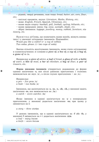 184
– ðіäèíè, òâåðäі ðå÷îâèíè, ãàçè òîùî: bread, butter, air, corn, flour,
etc;
– øêіëüíі ïðåäìåòè, íàóêè: Literature, Maths, History, etc;
– ìîâè: English, French, Spanish, Ukrainian, etc;
– íàçâè âèäіâ ñïîðòó: baseball, golf, football, cycling, billiards, etc;
– íàçâè ïðèðîäíèõ ÿâèù: fog, snow, sunlight, shade, etc;
– çáіðíі іìåííèêè: luggage, jewellery, money, rubbish, furniture, sta-
tionery, etc.
Ïðèìіòêà: à) Ñëîâà, ùî ïîçíà÷àþòü íàçâè íàïîїâ, ìîæóòü âæèâà-
òèñÿ і ó çíà÷åííі çëі÷óâàíèõ іìåííèêіâ. Ïîðіâíÿéòå:
Would you like a coffee? (= a cup of coffee)
Two sodas, please. (= two cups of soda)
Çíà÷íà êіëüêіñòü íåçëі÷óâàíèõ іìåííèêіâ, ìîæå ñòàòè çëі÷óâàíèìè
â ñëîâîñïîëó÷åííÿõ çі ñëîâàìè a piece of, a box of, a cup of, a bag of,
a game of òà іí.
Íàïðèêëàä: a piece of advice, a loaf of bread, a glass of milk, a bottle
of water, a kilo of meat, a bar of chocolate, a bag of flour, a pair of
trousers, etc.
Ôîðìà ìíîæèíè іìåííèêіâ óòâîðþєòüñÿ äîäàâàííÿì äî ôîðìè
îäíèíè çàêіí÷åííÿ -s, ÿêå ïіñëÿ äçâіíêèõ ïðèãîëîñíèõ і ãîëîñíèõ
âèìîâëÿєòüñÿ ÿê çâóê /z/, à ïіñëÿ ãëóõèõ ïðèãîëîñíèõ – ÿê /s/.
Íàïðèêëàä:
a pen – five pens /z/
a book – two books /s/
Іìåííèêè, ùî çàêіí÷óþòüñÿ íà -s, -ss, -x, -sh, -ch, ó ìíîæèíі ìàþòü
çàêіí÷åííÿ -es, ÿêå âèìîâëÿєòüñÿ ÿê /iz/:
a watch – seven watches /iz/
ßêùî іìåííèê â îäíèíі çàêіí÷óєòüñÿ íà -ó ç ïîïåðåäíüîþ
ïðèãîëîñíîþ, ó ìíîæèíі äîäàєòüñÿ çàêіí÷åííÿ -es; ïðè öüîìó ó
çìіíþєòüñÿ íà i:
a story – three stories
Ó äåÿêèõ іìåííèêіâ, ùî â îäíèíі çàêіí÷óþòüñÿ íà -f àáî -fe, ó
ìíîæèíі f çìіíþєòüñÿ íà v і äîäàєòüñÿ çàêіí÷åííÿ -(e)s.
a leaf – many leaves
a knife – seven knives
Nesvit_AM_P_6.uk_(013-14)_V.indd 184 01.09.2014 11:57:56
 