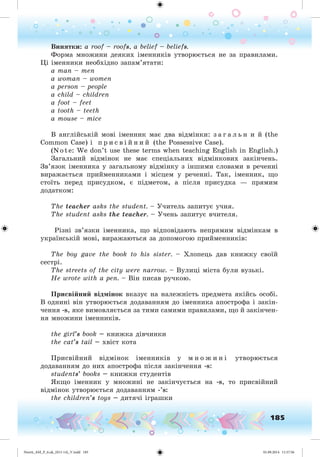 185
Âèíÿòêè: a roof – roofs, a belief – beliefs.
Ôîðìà ìíîæèíè äåÿêèõ іìåííèêіâ óòâîðþєòüñÿ íå çà ïðàâèëàìè.
Öі іìåííèêè íåîáõіäíî çàïàì’ÿòàòè:
a man – men
a woman – women
a person – people
a child – children
a foot – feet
a tooth – teeth
a mouse – mice
Â àíãëіéñüêіé ìîâі іìåííèê ìàє äâà âіäìіíêè: ç à ã à ë ü í è é (the
Common Case) і ï ð è ñ â і é í è é (the Possessive Case).
(Note: We don’t use these terms when teaching English in English.)
Çàãàëüíèé âіäìіíîê íå ìàє ñïåöіàëüíèõ âіäìіíêîâèõ çàêіí÷åíü.
Çâ’ÿçîê іìåííèêà ó çàãàëüíîìó âіäìіíêó ç іíøèìè ñëîâàìè â ðå÷åííі
âèðàæàєòüñÿ ïðèéìåííèêàìè і ìіñöåì ó ðå÷åííі. Òàê, іìåííèê, ùî
ñòîїòü ïåðåä ïðèñóäêîì, є ïіäìåòîì, à ïіñëÿ ïðèñóäêà — ïðÿìèì
äîäàòêîì:
The teacher asks the student. – Ó÷èòåëü çàïèòóє ó÷íÿ.
The student asks the teacher. – Ó÷åíü çàïèòóє â÷èòåëÿ.
Ðіçíі çâ’ÿçêè іìåííèêà, ùî âіäïîâіäàþòü íåïðÿìèì âіäìіíêàì â
óêðàїíñüêіé ìîâі, âèðàæàþòüñÿ çà äîïîìîãîþ ïðèéìåííèêіâ:
The boy gave the book to his sister. – Õëîïåöü äàâ êíèæêó ñâîїé
ñåñòðі.
The streets of the city were narrow. – Âóëèöі ìіñòà áóëè âóçüêі.
Íå wrote with a pen. – Âіí ïèñàâ ðó÷êîþ.
Ïðèñâіéíèé âіäìіíîê âêàçóє íà íàëåæíіñòü ïðåäìåòà ÿêіéñü îñîáі.
Â îäíèíі âіí óòâîðþєòüñÿ äîäàâàííÿì äî іìåííèêà àïîñòðîôà і çàêіí-
÷åííÿ -s, ÿêå âèìîâëÿєòüñÿ çà òèìè ñàìèìè ïðàâèëàìè, ùî é çàêіí÷åí-
íÿ ìíîæèíè іìåííèêіâ.
the girl’s book – êíèæêà äіâ÷èíêè
the cat’s tail – õâіñò êîòà
Ïðèñâіéíèé âіäìіíîê іìåííèêіâ ó ì í î æ è í і óòâîðþєòüñÿ
äîäàâàííÿì äî íèõ àïîñòðîôà ïіñëÿ çàêіí÷åííÿ -s:
students’ books – êíèæêè ñòóäåíòіâ
ßêùî іìåííèê ó ìíîæèíі íå çàêіí÷óєòüñÿ íà -s, òî ïðèñâіéíèé
âіäìіíîê óòâîðþєòüñÿ äîäàâàííÿì -’s:
the children’s toys – äèòÿ÷і іãðàøêè
Nesvit_AM_P_6.uk_(013-14)_V.indd 185 01.09.2014 11:57:56
 