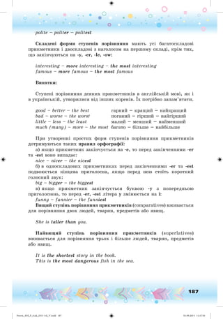 187
polite – politer – politest
Ñêëàäåíі ôîðìè ñòóïåíіâ ïîðіâíÿííÿ ìàþòü óñі áàãàòîñêëàäîâі
ïðèêìåòíèêè і äâîñêëàäîâі ç íàãîëîñîì íà ïåðøîìó ñêëàäі, êðіì òèõ,
ùî çàêіí÷óþòüñÿ íà -ó, -er, -le, -ow:
interesting – more interesting – the most interesting
famous – more famous – the most famous
Âèíÿòêè:
Ñòóïåíі ïîðіâíÿííÿ äåÿêèõ ïðèêìåòíèêіâ â àíãëіéñüêіé ìîâі, ÿê і
â óêðàїíñüêіé, óòâîðèëèñÿ âіä іíøèõ êîðåíіâ. Їõ ïîòðіáíî çàïàì’ÿòàòè.
good – better – the best ãàðíèé – êðàùèé – íàéêðàùèé
bad – worse – the worst ïîãàíèé – ãіðøèé – íàéãіðøèé
little – less – the least ìàëèé – ìåíøèé – íàéìåíøèé
much (many) – more – the most áàãàòî – áіëüøå – íàéáіëüøå
Ïðè óòâîðåííі ïðîñòèõ ôîðì ñòóïåíіâ ïîðіâíÿííÿ ïðèêìåòíèêіâ
äîòðèìóþòüñÿ òàêèõ ïðàâèë îðôîãðàôі :
à) ÿêùî ïðèêìåòíèê çàêіí÷óєòüñÿ íà -å, òî ïåðåä çàêіí÷åííÿìè -år
òà -est âîíî âèïàäàє:
nice – nicer – the nicest
á) â îäíîñêëàäîâèõ ïðèêìåòíèêàõ ïåðåä çàêіí÷åííÿìè -åã òà -est
ïîäâîþєòüñÿ êіíöåâà ïðèãîëîñíà, ÿêùî ïåðåä íåþ ñòîїòü êîðîòêèé
ãîëîñíèé çâóê:
big – bigger – the biggest
â) ÿêùî ïðèêìåòíèê çàêіí÷óєòüñÿ áóêâîþ -ó ç ïîïåðåäíüîþ
ïðèãîëîñíîþ, òî ïåðåä -er, -est ëіòåðà ó çìіíþєòüñÿ íà і:
funny – funnier – the funniest
Âèùèé ñòóïіíü ïîðіâíÿííÿ ïðèêìåòíèêіâ (comparatives) âæèâàєòüñÿ
äëÿ ïîðіâíÿííÿ äâîõ ëþäåé, òâàðèí, ïðåäìåòіâ àáî ÿâèù.
She is taller than you.
Íàéâèùèé ñòóïіíü ïîðіâíÿííÿ ïðèêìåòíèêіâ (superlatives)
âæèâàєòüñÿ äëÿ ïîðіâíÿííÿ òðüîõ і áіëüøå ëþäåé, òâàðèí, ïðåäìåòіâ
àáî ÿâèù.
It is the shortest story in the book.
This is the most dangerous fish in the sea.
Nesvit_AM_P_6.uk_(013-14)_V.indd 187 01.09.2014 11:57:56
 