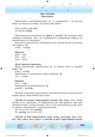 191
THE ADVERB
Ïðèñëіâíèê
Ïðèñëіâíèê â àíãëіéñüêіé ìîâі, ÿê і â óêðàїíñüêіé, – öå ÷àñòèíà
ìîâè, ùî âêàçóє íà îçíàêó äії (ñòàíó) àáî ÿêîñòі.
Nina studies very well.
He speaks loudly.
Ïðèñëіâíèêè ïîäіëÿþòüñÿ íà ïðîñòі é ïîõіäíі. Äî ïîõіäíèõ ïðè-
ñëіâíèêіâ íàëåæàòü òàêі, ÿêі óòâîðþþòüñÿ äîäàâàííÿì ñóôіêñіâ äî
ïðèêìåòíèêіâ òà іìåííèêіâ.
Áіëüøіñòü ïðèñëіâíèêіâ óòâîðþþòüñÿ âіä ïðèêìåòíèêіâ çà äîïîìî-
ãîþ ñóôіêñà -ly:
usual – usually
Âèíÿòêè:
good – well
fast – fast
hard – hard
Äåÿêі ïðàâèëà ïðàâîïèñó.
ßêùî ïðèêìåòíèê çàêіí÷óєòüñÿ íà -y, çìіíіòü éîãî òà äîäàéòå
ñóôіêñ -ly:
noisy – noisily
Çàêіí÷åííÿ -e çàëèøàєòüñÿ ïåðåä ñóôіêñîì -ly:
nice – nicely
Âèíÿòîê:
true – truly
Çàêіí÷åííÿ -le çìіíþєòüñÿ íà -ly:
possible – possibly
Çà ñâîїì çíà÷åííÿì ïðèñëіâíèêè â àíãëіéñüêіé ìîâі ïîäіëÿþòüñÿ íà
îêðåìі ãðóïè. Ðîçãëÿíåìî äåÿêі çíèõ.
Adverbs of manner (ïðèñëіâíèêè ñïîñîáó äі ): badly, well, slowly,
quickly òà іí. ïîêàçóþòü, ÿê âіäáóâàєòüñÿ äіÿ. ßê ïðàâèëî, òàêі ïðè-
ñëіâíèêè ñòîÿòü ó êіíöі ðå÷åííÿ, àëå òі, ÿêі çàêіí÷óþòüñÿ íà -ly, іíêî-
ëè ìîæóòü çíàõîäèòèñÿ і âñåðåäèíі ðå÷åííÿ.
We ran to the river quickly.
We quickly ran to the river.
Adverbs of time (ïðèñëіâíèêè ÷àñó): today, yesterday, soon, now,
late, then, when, since, before òà adverbs of place (ïðèñëіâíèêè ìіñöÿ):
Nesvit_AM_P_6.uk_(013-14)_V.indd 191 01.09.2014 11:57:56
 