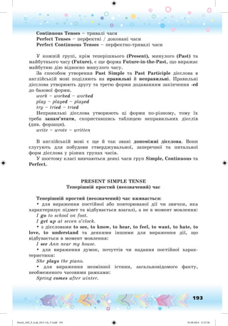 193
Continuous Tenses – òðèâàëі ÷àñè
Perfect Tenses – ïåðôåêòíі / äîêîíàíі ÷àñè
Perfect Continuous Tenses – ïåðôåêòíî-òðèâàëі ÷àñè
Ó êîæíіé ãðóïі, êðіì òåïåðіøíüîãî (Present), ìèíóëîãî (Past) òà
ìàéáóòíüîãî ÷àñó (Future), є ùå ôîðìà Future-in-the-Past, ùî âèðàæàє
ìàéáóòíþ äіþ âіäíîñíî ìèíóëîãî ÷àñó.
Çà ñïîñîáîì óòâîðåííÿ Past Simple òà Past Participle äієñëîâà â
àíãëіéñüêіé ìîâі ïîäіëÿþòü íà ïðàâèëüíі é íåïðàâèëüíі. Ïðàâèëüíі
äієñëîâà óòâîðþþòü äðóãó òà òðåòþ ôîðìè äîäàâàííÿì çàêіí÷åííÿ -ed
äî áàçîâîї ôîðìè.
work – worked – worked
play – played – played
try – tried – tried
Íåïðàâèëüíі äієñëîâà óòâîðþþòü öі ôîðìè ïî-ðіçíîìó, òîìó їõ
òðåáà çàïàì’ÿòàòè, ñêîðèñòàâøèñü òàáëèöåþ íåïðàâèëüíèõ äієñëіâ
(äèâ. ôîðçàöè).
write – wrote – written
Â àíãëіéñüêіé ìîâі є ùå é òàê çâàíі äîïîìіæíі äі ñëîâà. Âîíè
ñëóãóþòü äëÿ ïîáóäîâè ñòâåðäæóâàëüíîї, çàïåðå÷íîї òà ïèòàëüíîї
ôîðì äієñëîâà ó ðіçíèõ ãðóïàõ ÷àñіâ.
Ó øîñòîìó êëàñі âèâ÷àþòüñÿ äåÿêі ÷àñè ãðóï Simple, Continuous òà
Perfect.
PRESENT SIMPLE TENSE
Òåïåðіøíіé ïðîñòèé (íåîçíà÷åíèé) ÷àñ
Òåïåðіøíіé ïðîñòèé (íåîçíà÷åíèé) ÷àñ âæèâà òüñÿ:
• äëÿ âèðàæåííÿ ïîñòіéíîї àáî ïîâòîðþâàíîї äії ÷è çâè÷êè, ÿêà
õàðàêòåðèçóє ïіäìåò òà âіäáóâàєòüñÿ âçàãàëі, à íå â ìîìåíò ìîâëåííÿ:
I go to school on foot.
I get up at seven o’clock.
• ç äієñëîâàìè to see, to know, to hear, to feel, to want, to hate, to
love, to understand òà äåÿêèìè іíøèìè äëÿ âèðàæåííÿ äії, ùî
âіäáóâàєòüñÿ â ìîìåíò ìîâëåííÿ:
I see Ann near my house.
• äëÿ âèðàæåííÿ äóìîê, ïî÷óòòіâ ÷è íàäàííÿ ïîñòіéíîї õàðàê-
òåðèñòèêè:
She plays the piano.
• äëÿ âèðàæåííÿ íåçìіííîї іñòèíè, çàãàëüíîâіäîìîãî ôàêòó,
íåîáìåæåíîãî ÷àñîâèìè ðàìêàìè:
Spring comes after winter.
Nesvit_AM_P_6.uk_(013-14)_V.indd 193 01.09.2014 11:57:56
 