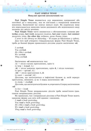 196
PAST SIMPLE TENSE
Ìèíóëèé ïðîñòèé (íåîçíà÷åíèé) ÷àñ
Past Simple Tense âæèâàєòüñÿ äëÿ âèðàæåííÿ îäíîðàçîâîї àáî
ïîñòіéíîї äії â ìèíóëîìó, ÿêà íå ïîâ’ÿçàíà ç òåïåðіøíіì ìîìåíòîì
ìîâëåííÿ. Çàçíà÷åíèé ÷àñ oïèñóє ìèíóëі ïîäії. Íà óêðàїíñüêó ìîâó
âіí ïåðåêëàäàєòüñÿ ìèíóëèì ÷àñîì äîêîíàíîãî àáî íåäîêîíàíîãî âèäó
çàëåæíî âіä çìіñòó ðå÷åííÿ.
Past Simple Tense ÷àñòî âæèâàєòüñÿ ç îáñòàâèííèìè ñëîâàìè yes-
terday ó÷îðà, last week ìèíóëîãî òèæíÿ, last year òîðіê, last summer
ìèíóëîãî ëіòà, the other day íåäàâíî, öèìè äíÿìè òîùî.
I went to the library on Saturday. – ß õîäèâ äî áіáëіîòåêè ó ñóáîòó.
Äëÿ òîãî ùîá óòâîðèòè ñòâåðäæóâàëüíó ôîðìó Past Simple Tense,
òðåáà äî áàçîâîї ôîðìè ïðàâèëüíîãî äієñëîâà äîäàòè çàêіí÷åííÿ -ed.
І worked.
You worked.
Íå (She) worked.
We worked.
They worked.
Çàêіí÷åííÿ -ed âèìîâëÿєòüñÿ òàê:
/t/ – ïіñëÿ ãëóõèõ ïðèãîëîñíèõ, êðіì t:
to help – helped /t/;
/d/ – ïіñëÿ äçâіíêèõ ïðèãîëîñíèõ, êðіì d, і ïіñëÿ ãîëîñíèõ:
to open – opened /d/;
/id/ – ïіñëÿ ïðèãîëîñíèõ t, d:
to want – wanted /id/.
Äієñëîâà, ùî çàêіí÷óþòüñÿ â іíôіíіòèâі áóêâîþ -ó, ÿêіé ïåðåäóє
ïðèãîëîñíà, çìіíþþòü -ó íà -і ïåðåä çàêіí÷åííÿì -ed:
to study – studied:
Äієñëîâà, ùî çàêіí÷óþòüñÿ áóêâîþ -e, âòðà÷àþòü її ïåðåä çàêіí÷åííÿì
-ed:
to live – lived.
Past Simple Tense íåïðàâèëüíèõ äієñëіâ òðåáà çàïàì’ÿòàòè (äèâ.
ñïèñîê íåïðàâèëüíèõ äієñëіâ).
ßê ïðàâèëüíі, òàê і íåïðàâèëüíі äієñëîâà â Past Simple Tense ìàþòü
îäíàêîâó ôîðìó äëÿ âñіõ îñіá îäíèíè і ìíîæèíè.
І read a book yesterday.
You read a book yesterday.
He (She) read a book yesterday.
We read a book yesterday.
They read a book yesterday.
Nesvit_AM_P_6.uk_(013-14)_V.indd 196 01.09.2014 11:57:56
 