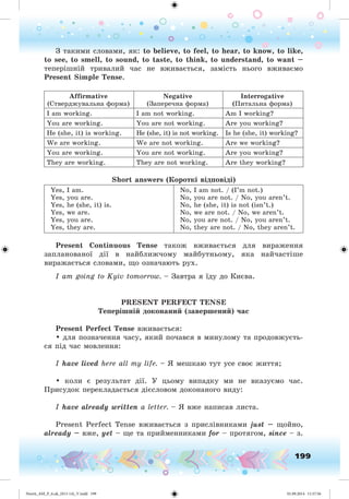 199
Ç òàêèìè ñëîâàìè, ÿê: to believe, to feel, to hear, to know, to like,
to see, to smell, to sound, to taste, to think, to understand, to want –
òåïåðіøíіé òðèâàëèé ÷àñ íå âæèâàєòüñÿ, çàìіñòü íüîãî âæèâàєìî
Present Simple Tense.
Affirmative
(Ñòâåðäæóâàëüíà ôîðìà)
Negative
(Çàïåðå÷íà ôîðìà)
Interrogative
(Ïèòàëüíà ôîðìà)
I am working. I am not working. Am I working?
You are working. You are not working. Are you working?
He (she, it) is working. He (she, it) is not working. Is he (she, it) working?
We are working. We are not working. Are we working?
You are working. You are not working. Are you working?
They are working. They are not working. Are they working?
Short answers (Êîðîòêі âіäïîâіäі)
Yes, I am.
Yes, you are.
Yes, he (she, it) is.
Yes, we are.
Yes, you are.
Yes, they are.
No, I am not. / (I’m not.)
No, you are not. / No, you aren’t.
No, he (she, it) is not (isn’t.)
No, we are not. / No, we aren’t.
No, you are not. / No, you aren’t.
No, they are not. / No, they aren’t.
Present Continuous Tense òàêîæ âæèâàєòüñÿ äëÿ âèðàæåííÿ
çàïëàíîâàíîї äії â íàéáëèæ÷îìó ìàéáóòíüîìó, ÿêà íàé÷àñòіøå
âèðàæàєòüñÿ ñëîâàìè, ùî îçíà÷àþòü ðóõ.
I am going to Kyiv tomorrow. – Çàâòðà ÿ їäó äî Êèєâà.
PRESENT PERFECT TENSE
Òåïåðіøíіé äîêîíàíèé (çàâåðøåíèé) ÷àñ
Present Perfect Tense âæèâàєòüñÿ:
• äëÿ ïîçíà÷åííÿ ÷àñó, ÿêèé ïî÷àâñÿ â ìèíóëîìó òà ïðîäîâæóєòü-
ñÿ ïіä ÷àñ ìîâëåííÿ:
I have lived here all my life. – ß ìåøêàþ òóò óñå ñâîє æèòòÿ;
• êîëè є ðåçóëüòàò äії. Ó öüîìó âèïàäêó ìè íå âêàçóєìî ÷àñ.
Ïðèñóäîê ïåðåêëàäàєòüñÿ äієñëîâîì äîêîíàíîãî âèäó:
I have already written a letter. – ß âæå íàïèñàâ ëèñòà.
Present Perfect Tense âæèâàєòüñÿ ç ïðèñëіâíèêàìè just – ùîéíî,
already – âæå, yet – ùå òà ïðèéìåííèêàìè for – ïðîòÿãîì, since – ç.
Nesvit_AM_P_6.uk_(013-14)_V.indd 199 01.09.2014 11:57:56
 