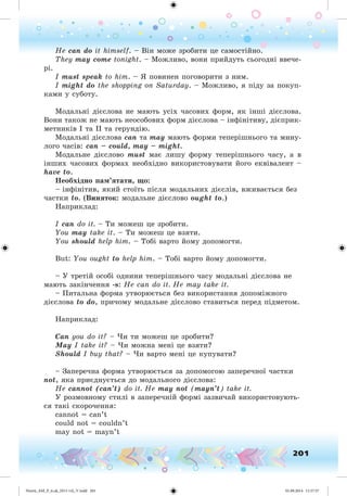 201
He can do it himself. – Âіí ìîæå çðîáèòè öå ñàìîñòіéíî.
They may come tonight. – Ìîæëèâî, âîíè ïðèéäóòü ñüîãîäíі ââå÷å-
ðі.
I must speak to him. – ß ïîâèíåí ïîãîâîðèòè ç íèì.
I might do the shopping on Saturday. – Ìîæëèâî, ÿ ïіäó çà ïîêóï-
êàìè ó ñóáîòó.
Ìîäàëüíі äієñëîâà íå ìàþòü óñіõ ÷àñîâèõ ôîðì, ÿê іíøі äієñëîâà.
Âîíè òàêîæ íå ìàþòü íåîñîáîâèõ ôîðì äієñëîâà – іíôіíіòèâó, äієïðèê-
ìåòíèêіâ І òà ІІ òà ãåðóíäіþ.
Ìîäàëüíі äієñëîâà can òà may ìàþòü ôîðìè òåïåðіøíüîãî òà ìèíó-
ëîãî ÷àñіâ: can – could, may – might.
Ìîäàëüíå äієñëîâî must ìàє ëèøó ôîðìó òåïåðіøíüîãî ÷àñó, à â
іíøèõ ÷àñîâèõ ôîðìàõ íåîáõіäíî âèêîðèñòîâóâàòè éîãî åêâіâàëåíò –
have to.
Íåîáõіäíî ïàì’ÿòàòè, ùî:
– іíôіíіòèâ, ÿêèé ñòîїòü ïіñëÿ ìîäàëüíèõ äієñëіâ, âæèâàєòüñÿ áåç
÷àñòêè to. (Âèíÿòîê: ìîäàëüíå äієñëîâî ought to.)
Íàïðèêëàä:
I can do it. – Òè ìîæåø öå çðîáèòè.
You may take it. – Òè ìîæåø öå âçÿòè.
You should help him. – Òîáі âàðòî éîìó äîïîìîãòè.
But: You ought to help him. – Òîáі âàðòî éîìó äîïîìîãòè.
– Ó òðåòіé îñîáі îäíèíè òåïåðіøíüîãî ÷àñó ìîäàëüíі äієñëîâà íå
ìàþòü çàêіí÷åííÿ -s: He can do it. He may take it.
– Ïèòàëüíà ôîðìà óòâîðþєòüñÿ áåç âèêîðèñòàííÿ äîïîìіæíîãî
äієñëîâà to do, ïðè÷îìó ìîäàëüíå äієñëîâî ñòàâèòüñÿ ïåðåä ïіäìåòîì.
Íàïðèêëàä:
Can you do it? – ×è òè ìîæåø öå çðîáèòè?
May I take it? – ×è ìîæíà ìåíі öå âçÿòè?
Should I buy that? – ×è âàðòî ìåíі öå êóïóâàòè?
– Çàïåðå÷íà ôîðìà óòâîðþєòüñÿ çà äîïîìîãîþ çàïåðå÷íîї ÷àñòêè
not, ÿêà ïðèєäíóєòüñÿ äî ìîäàëüíîãî äієñëîâà:
He cannot (can’t) do it. He may not (mayn’t) take it.
Ó ðîçìîâíîìó ñòèëі â çàïåðå÷íіé ôîðìі çàçâè÷àé âèêîðèñòîâóþòü-
ñÿ òàêі ñêîðî÷åííÿ:
cannot = can’t
could not = couldn’t
may not = mayn’t
Nesvit_AM_P_6.uk_(013-14)_V.indd 201 01.09.2014 11:57:57
 