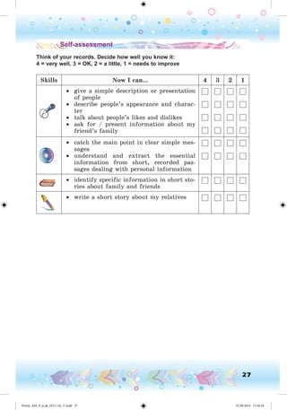 27
Self-assessment
Think of your records. Decide how well you know it:
4 = very well, 3 = OK, 2 = a little, 1 = needs to improve
Skills Now I can... 4 3 2 1
• give a simple description or presentation
of people
• describe people’s appearance and charac-
ter
• talk about people’s likes and dislikes
• ask for / present information about my
friend’s family
• catch the main point in clear simple mes-
sages
• understand and extract the essential
information from short, recorded pas-
sages dealing with personal information
• identify specific information in short sto-
ries about family and friends
• write a short story about my relatives
Nesvit_AM_P_6.uk_(013-14)_V.indd 27 01.09.2014 11:56:18
 