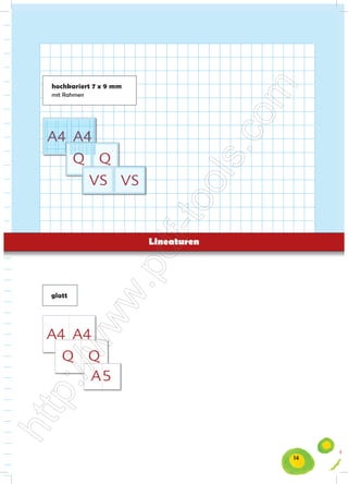 0xx        kariert 5 x 5 mm mit Korrekturrand                 Art. SHA4.21xx




       Art. SHQ.12xx          liniert 3 x 6 mm mit Schreiblernhilfe              Art. SHQ.14xx




                             Art. SHVS.12xx
                                           hochkariert 12 mm 9 mm
                                                    liniert
                                                            7x                                           Art. SHVS.15xx


2xx        großkariert 7 x 9 mm            mit Rahmen
                                                  Art. SHA4.30xx




       Art. SHQ.15xx          liniert 9 mm mit 3 Spalten                         Art. SHQ.16xx




hmen                         Art. SHVS.15xx         kariert 5 x 5 mm mit Rahmen                         Art. SHVS.22xx




rmat A4 + Blöcke
0xx        großkariert 7 x 9 mm mit Rahmen                    Art. SHA4.32xx




       Art. SHQ.30xx          großkariert 7 x 9 mm mit Rahmen                    Art. SHQ.32xx

                    Schulhefte QUART - 194 mm x 242 mm
men                          Art. SHVS.12xx         großkariert 7 x 9 mm mit Rahmen                     Art. SHVS.32xx                großkariert 7 x 9 mm         Art. SHVS.32xx




2xx        Notenheft                                          Art. SHA4.50xx

          kariert 5 x 5 mm                                   Art. SHA4.20xx          kariert 5 x 5 mm mit Korrekturrand                Art. SHA4.21xx


                                                                                                                            Lineaturen
                    kariert 5 x 5 mm mit Rahmen                          Art. SHQ.22xx           kariert 5 x 5 mm                                 Art. SHQ.20xx


                            Art. SHVS.14xx
6 mm mit Schreiblernhilfe und Rahmen                                  glatt mit Rahmen            Art. SHVS.42xx                      glatt mit Rahmen                 Art. SHVS.42xx




          kariert 5 x 5 mm mit Rahmen
                                          glatt              Art. SHA4.22xx          großkariert 7 x 9 mm                              Art. SHA4.30xx




                    kariert 5 x 5 mm mit Korrekturrand                   Art. SHQ.21xx           glatt mit Rahmen                                 Art. SHQ.42xx


n                            Art. SHVS.52xx
                                                   kariert 5 x 5 mm                                    Art. SHVS.22xx




          glatt                                              Art. SHA4.40xx          großkariert 7 x 9 mm mit Rahmen                   Art. SHA4.32xx




                                                                         Art. SHQ.40xx                                    Notenheft               Art. SHQ.50xx


                                glatt                                             Art. SHA5.40xx


                                Schulhefte A4 - 210 mm x 296 mm
          glatt mit Rahmen                                   Art. SHA4.42xx          Notenheft                                         Art. SHA4.50xx




                                                                                                                                                                                        14
                                liniert 9 mm                                      Art. SHA4.10xx           liniert 9 mm mit Rahmen                           Art. SHA4.12xx
 
