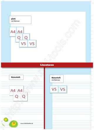 Art. SHVS.12xx                            liniert 12 mm                     Art. SHVS.15xx


    kariert 5 x 5 mm mit Rahmen                       Art. SHA4.22xx             großkariert 7 x 9 mm                  Art. SHA4.30xx




- 194 mm x 242 mm

                    Art. SHVS.15xx          kariert 5 x 5 mm mit Rahmen                        Art. SHVS.22xx



                                     glatt
    glatt                            mit Rahmen
                                             Art. SHA4.40xx                      großkariert 7 x 9 mm mit Rahmen       Art. SHA4.32xx




 Art. SHQ.22xx         kariert 5 x 5 mm                                       Art. SHQ.20xx


                                                                                                                               liniert 9 mm                                      Art. SHVS.12xx                       liniert 12 mm             Art. SHVS.15xx

                    Art. SHVS.12xx          großkariert 7 x 9 mm mit Rahmen                    Art. SHVS.32xx      großkariert 7 x 9 mm        Art. SHVS.32xx




    glatt mit Rahmen                                  Art. SHA4.42xx             Notenheft                             Art. SHA4.50xx




 Art. SHQ.21xx         glatt mit Rahmen                                       Art. SHQ.42xx                                    liniert 12 mm mit Rahmen                         Art. SHVS.15xx     kariert 5 x 5 mm mit Rahmen                Art. SHVS.22xx

    kariert 5 x 5 mm mit Korrekturrand                Art. SHA4.21xx


                    Art. SHVS.14xx
 Schreiblernhilfe und Rahmen                                  glatt mit Rahmen           Art. SHVS.42xx            glatt mit Rahmen                 Art. SHVS.42xx
94 mm x 242 mm


                                                                                                                               liniert 9 mm mit Rahmen                          Art. SHVS.12xx     großkariert 7 x 9 mm mit Rahmen            Art. SHVS.32xx
 Art. SHQ.40xx                                  Notenheft                     Art. SHQ.50xx
     großkariert 7 x 9 mm                            Art. SHA4.30xx


                    Art. SHVS.52xx
                                           kariert 5 x 5 mm                                   Art. SHVS.22xx
                                                                                                                   Lineaturen
HQ.22xx          kariert 5 x 5 mm                                    Art. SHQ.20xx




                                     Notenheft                                                                                                     Notenheft                      Art. SHVS.14xx
                                                                                                                                          liniert 3 x 6 mm mit Schreiblernhilfe und Rahmen                            glatt mit Rahmen   Art. SHVS.42xx
    großkariert 7 x 9 mm mit Rahmen                   Art. SHA4.32xx                                                                               mit Rahmen


HQ.21xx          glatt mit Rahmen                                    Art. SHQ.42xx




                                                                                                                               Notenheft mit Rahmen                             Art. SHVS.52xx
                                                                                                                                                                                                   kariert 5 x 5 mm                          Art. SHVS.22xx
    Notenheft                                         Art. SHA4.50xx




HQ.40xx                                   Notenheft                  Art. SHQ.50xx




                                          15                     www.heftehelfen.at
 