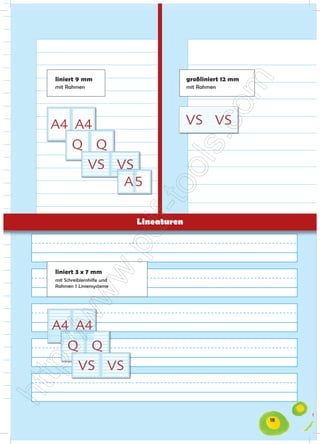 liniert 9 mm                                         Art. SHVS.12xx                           liniert 12 mm                        Art. SHVS.15xx
                                                                      liniert 9 mm                                        Art. SHA5.10xx           liniert 9 mm mit Korrekturrand                      Art. SHA5.11xx




                                  Schulhefte QUART - 194 mm x 242 mm
                                                           liniert 12 mm mit Rahmen                            Art. SHVS.15xx          kariert 5 x 5 mm mit Rahmen                          Art. SHVS.22xx


HA5.40xx
                                                 liniert 9 mm 2 Spalten
                                                         liniert 9 mm mit                                                 Art. SHA5.15xx           liniert 9 mm mit 3 Spalten
                                                                                                                                                                             großliniert SHA5.16xx
                                                                                                                                                                                      Art.
                                                                                                                                                                                           12 mm
mm x 296 mm                                      mit Rahmen                                                                                                                  mit Rahmen


                                  liniert 9 mm                                           Art. SHQ.10xx          liniert 9 mm mit Korrekturrand                        Art. SHQ.11xx




                                                           liniert 9 mm mit Rahmen                             Art. SHVS.12xx          großkariert 7 x 9 mm mit Rahmen                      Art. SHVS.32xx                  großkariert 7 x 9 mm          Art. SHVS.32xx



                                                                        liniert 9 mm                                        Art. SHVS.12xx                            liniert 12 mm                        Art. SHVS.15xx
                                                                      kariert 5 x 5 mm                                    Art. SHA5.20xx           kariert 5 x 5 mit Rahmen                            Art. SHA5.22xx
HA4.10xx          liniert 9 mm mit Rahmen                             Art. SHA4.12xx




HA5.40xx
                                  liniert 9 mm mit Rahmen                                Art. SHQ.12xx          liniert 3 x 6 mm mit Schreiblernhilfe                 Art. SHQ.14xx

mm x 296 mm
                                                                                                               Art. SHVS.14xx
                                                                       liniert 3 x 6 mm mit Schreiblernhilfe und Rahmen Art. SHVS.15xx
                                                                        liniert 12 mm mit Rahmen                                                    kariert 5 x 5 mm mit Rahmen Art. SHVS.42xx
                                                                                                                                                        glatt mit Rahmen                                Art. SHVS.22xx      glatt mit Rahmen                  Art. SHVS.42xx



                                                                      liniert 9 mm mit Rahmen                             Art. SHA5.12xx           kariert 7 x 7 mm                                    Art. SHA5.37xx
HA4.11xx          liniert 9 mm mit 2 Spalten                          Art. SHA4.15xx
                                                                      xx ... steht für die Blattzahl der Hefte. Dabei kann zwischen 20, 32 und 40 Blatt gewählt werden (40 Blatt nur bei A4).


                                                liniert 9 mm
                                  liniert 9 mm mit 2 Spalten                             Art. SHQ.15xx
                                                                                                      Art. SHVS.12xx
                                                                                                                                Lineaturen
                                                                                                              liniert 9 mm mit 3 Spalten
                                                                                                                                                 liniert 12 mm
                                                                                                                                                                      Art. SHQ.16xx
                                                                                                                                                                                      Art. SHVS.15xx


HA4.10xx          liniert 9 mm mit Rahmen                             Art. SHA4.12xx

                                                           Notenheft mit Rahmen                                Art. SHVS.52xx
                                                                      liniert 9 mm mit Rahmen                             Art. SHVS.12xx 5 x 5 mm
                                                                                                                                    kariert    großkariert 7 x 9 mm mit Rahmen             Art. SHVS.22xx SHVS.32xx
                                                                                                                                                                                                       Art.                            großkariert 7 x 9 mm          Art. SHVS.32xx

RT - 194 mm x 242 mm
HA4.16xx          liniert 3 x 6 mm mit Schreiblernhilfe und Rahmen         Art. SHA4.14xx
                                                  liniert 12 mm mit Rahmen                             Art. SHVS.15xx           kariert 5 x 5 mm mit Rahmen                         Art. SHVS.22xx
                                                 liniert 3 x 7 mm
hen 20, 32 und 40 Blatt gewählt werden (40 Blatt nur bei A4).

                                                 mit Schreiblernhilfe und
                                  großkariert 7 x 9 mm              Art. SHQ.30xx                               großkariert 7 x 9 mm mit Rahmen                       Art. SHQ.32xx
                                                 Rahmen 7 Liniensysteme
HA4.11xx          liniert 9 mm mit 2 Spalten                          Art. SHA4.15xx


                                                                                                                             Art. SHVS.14xx
                                                                                     liniert 3 x 6 mm mit Schreiblernhilfe und Rahmen                                 glatt mit Rahmen           Art. SHVS.42xx                        glatt mit Rahmen                    Art. SHVS.42xx
        Art. SHQ.10xx         liniert 9 mm mit Korrekturrand                           Art. SHQ.11xx




                                                 liniert 9 mm mit Rahmen                               Art. SHVS.12xx           großkariert 7 x 9 mm mit Rahmen                     Art. SHVS.32xx                großkariert 7 x 9 mm         Art. SHVS.32xx




HA4.16xx          liniert 3 x 6 mm mit Schreiblernhilfe und Rahmen             Art. SHA4.14xx


hen 20, 32 und 40 Blatt gewählt werden (40 Blatt nur bei A4).          Notenheft mit Rahmen                                Art. SHVS.52xx
                                                                                                                                                   kariert 5 x 5 mm                                    Art. SHVS.22xx
        Art. SHQ.12xx         liniert 3 x 6 mm mit Schreiblernhilfe                  Art. SHQ.14xx




                                                                                                     Art. SHVS.14xx
                                                             liniert 3 x 6 mm mit Schreiblernhilfe und Rahmen                                  glatt mit Rahmen             Art. SHVS.42xx                        glatt mit Rahmen                  Art. SHVS.42xx




                                                                                                                                                                                                                                                          18
        Art. SHQ.15xx         liniert 9 mm mit 3 Spalten                             Art. SHQ.16xx




                                                 Notenheft mit Rahmen                                  Art. SHVS.52xx
 