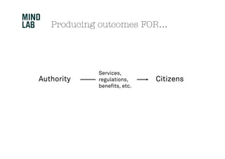 Producing outcomes FOR…




            Services,
Authority   regulations,     Citizens
            benefits, etc.
 