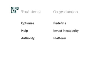 Traditional   Co-production


Optimize      Redefine

Help          Invest in capacity

Authority     Platform
 