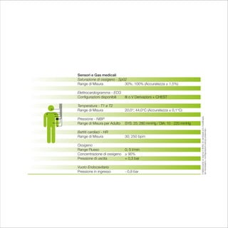 Sensori e Gas medicali
Saturazione di ossigeno - Sp02
Range di Misura              30%; 100% (Accuratezza ± 1,5%)

Elettrocardiogramma - ECG
Configurazioni disponibili   III o V Derivazioni + CHEST

Temperatura - T1 e T2
Range di Misura              20,0°; 44,0°C (Accuratezza ± 0,1°C)




                                                                      Il fabbricante si riserva il diritto di cambiare e/o modificare,
Pressione - NIBP
Range di Misura per Adulto   SYS: 25; 280 mmHg / DIA: 10 - 220 mmHg




                                                                      se necessario, configurazioni senza preavviso.
Battiti cardiaci - HR
Range di Misura              30; 250 bpm

Ossigeno
Range Flusso               0; 5 l/min
Concentrazione di ossigeno ≥ 90%
Pressione di uscita        + 0,3 bar

Vuoto Endocavitario
Pressione in ingresso        - 0,8 bar
 