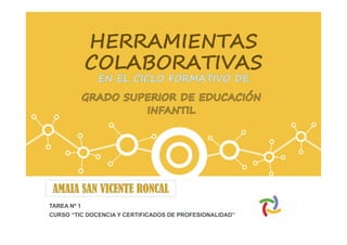 HERRAMIENTAS
COLABORATIVAS
AMAIA SAN VICENTE RONCAL
TAREA Nº 1
CURSO “TIC DOCENCIA Y CERTIFICADOS DE PROFESIONALIDAD”
 