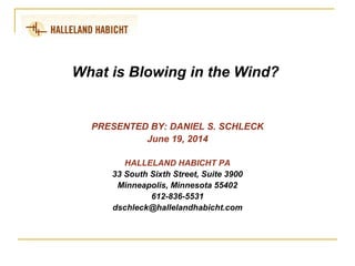 What is Blowing in the Wind?
PRESENTED BY: DANIEL S. SCHLECK
June 19, 2014
HALLELAND HABICHT PA
33 South Sixth Street, Suite 3900
Minneapolis, Minnesota 55402
612-836-5531
dschleck@hallelandhabicht.com
 