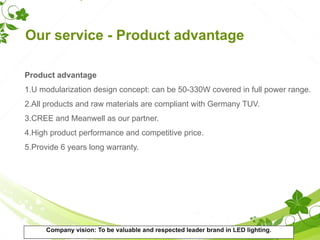 Our service - Product advantage
Product advantage
1.U modularization design concept: can be 50-330W covered in full power range.
2.All products and raw materials are compliant with Germany TUV.
3.CREE and Meanwell as our partner.
4.High product performance and competitive price.
5.Provide 6 years long warranty.
Company vision: To be valuable and respected leader brand in LED lighting.
 