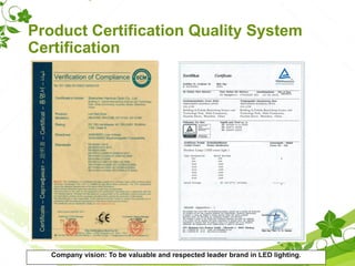Product Certification Quality System
Certification
Company vision: To be valuable and respected leader brand in LED lighting.
 