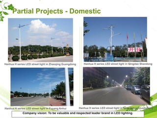 Partial Projects - Domestic
Hanhua H series LED street light in Zhaoqing Guangdong
Hanhua H series LED street light in Fuyang Anhui
Hanhua H series LED street light in Qingdao Shandong
Hanhua H series LED street light in Guangzhou Guangdong
Company vision: To be valuable and respected leader brand in LED lighting.
 