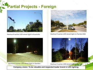 Partial Projects - Foreign
Hanhua H series LED street light in Australia
Hanhua H series LED street light in Sweden Hanhua H series LED street light in Estonia
Hanhua H series LED street light in Florida USA
Company vision: To be valuable and respected leader brand in LED lighting.
 