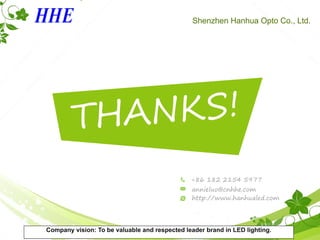 THANKS!
Shenzhen Hanhua Opto Co., Ltd.
+86 182 2154 5977
annieluo@cnhhe.com
http://www.hanhualed.com
Company vision: To be valuable and respected leader brand in LED lighting.
 