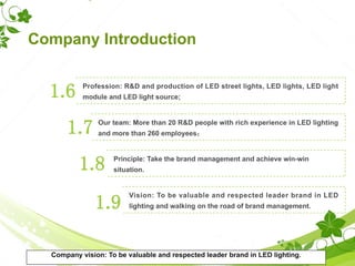 Profession: R&D and production of LED street lights, LED lights, LED light
module and LED light source;1.6
Our team: More than 20 R&D people with rich experience in LED lighting
and more than 260 employees；1.7
Principle: Take the brand management and achieve win-win
situation.1.8
Vision: To be valuable and respected leader brand in LED
lighting and walking on the road of brand management.1.9
Company Introduction
Company vision: To be valuable and respected leader brand in LED lighting.
 