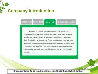 Basic info High-tech Company vision
With an increasing number of orders each year, our
business quickly expands to global markets. The main markets
are Europe, North America, Australia, Middle-east, Southeast
Asia, South Africa, Hong Kong, China mainland etc, and we have
won international reputation and established good relations with
customers successfully. Continuous sincerity, reasonable price,
high quality products, and considerate service are our eternal
pursuit.
Market
Company Introduction
Company vision: To be valuable and respected leader brand in LED lighting.
 