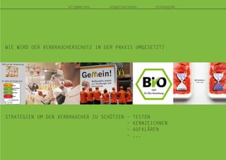 WIE WIRD DER VERBRAUCHERSCHUTZ IN DER PRAXIS UMGESETZT?
allgemeines organisationen strategien
STRATEGIEN UM DEN VERBRAUCHER ZU SCHÜTZEN – TESTEN
– KENNZEICHNEN
– AUFKLÄREN
– ...
 