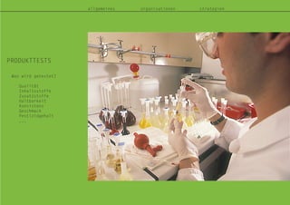 PRODUKTTESTS
Was wird getestet?
Qualität
Inhaltsstoffe
Zusatzstoffe
Haltbarkeit
Konsistenz
Geschmack
Pestizidgehalt
...
allgemeines organisationen strategien
 