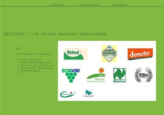 allgemeines organisationen strategien
GÜTESIEGEL – z.B. Zeichen deutscher Anbauverbände
BIO?
im Einklang mit der Natur!
-> keine Pestizide
-> natürliche Düngemittel
-> Verzicht auf Antibiotika
-> artgerechte Tierhaltung
-> Nachhaltigkeit
-> ...
 