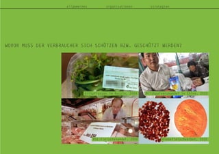 allgemeines organisationen strategien
WOVOR MUSS DER VERBRAUCHER SICH SCHÜTZEN BZW. GESCHÜTZT WERDEN?
Giftpflanzen im Rucola, 2009
BSE-Fleischskandal, 2000 Klebefleischverbot, 2010
Milchpulverskandal in China, 2010
 