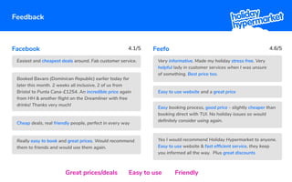 Feedback
Easiest and cheapest deals around. Fab customer service.
Cheap deals, real friendly people, perfect in every way
Really easy to book and great prices. Would recommend
them to friends and would use them again.
Booked Bavaro (Dominican Republic) earlier today for
later this month. 2 weeks all inclusive, 2 of us from
Bristol to Punta Cana-£1254. An incredible price again
from HH & another ﬂight on the Dreamliner with free
drinks! Thanks very much!
Facebook
Very informative. Made my holiday stress free. Very
helpful lady in customer services when I was unsure
of something. Best price too.
Easy booking process, good price - slightly cheaper than
booking direct with TUI. No holiday issues so would
deﬁnitely consider using again.
Yes I would recommend Holiday Hypermarket to anyone.
Easy to use website & fast efﬁcient service, they keep
you informed all the way. Plus great discounts
Easy to use website and a great price
Feefo4.1/5 4.6/5
Great prices/deals Easy to use Friendly
 