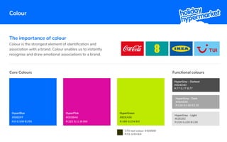 Colour
Core Colours
HyperBlue
#006DFF
R:0 G:109 B:255
HyperGreen
CTA text colour: #333500
R:51 G:53 B:0
#BDEA00
R:189 G:234 B:0
HyperPink
#DE0BA0
R:222 G:11 B:160
HyperGrey - Dark
#A6A6A6
R:116 G:116 B:116
HyperGrey - Light
#E2E2E2
R:226 G:226 B:226
HyperGrey - Darkest
#4D4D4D
R:77 G:77 B:77
Functional colours
The importance of colour
Colour is the strongest element of identiﬁcation and
association with a brand. Colour enables us to instantly
recognise and draw emotional associations to a brand.
 