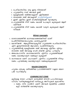 5. റപരികാര്‍ച്ഡിയം ുര ടരട്ട സ്തരമാ് 
6. ഹൃദയതിന നാല് അെകള്‍ ഉണ്ട് 
7. മ കെ ിലറത്ത രണ്ട്അെകെ ാ് ്ഗ്െിയളിലള്‍ 
8. താറഴറത്ത രണ്ട് അെകെ ാ് വെന്‍ട്രികിളുകി്‍ കിളുക 
9. ടെത് ്ഗ്െിയം ടെത് റവന്‍ടഗ്െികിെ ിചലക്ക് ത െക്ക ന്ധ 
10. ഹൃദയത്തില്‍ നിന്ധ് രക്ത്ം റകാണ്ട് ചപാക ന്ധ ക ഴല കള്‍ ആ് 
ധമനികള്‍ 
11. ഹൃദയത്തില്‍ നിന്ധ് രക്ത്ം റകാണ്ട് വര ന്ധ ക ഴല കള്‍ ആ് 
സിരകള്‍ 
minor concepts 
1. ഓരസാൈയത്തില്‍ ൈവാസചകാൈളിലള്‍ക്കിെയി ലാ് 
ചപൈീനിര്മിതമായഹൃദയം കാണറപ്പെ ന്ധത് 
2. ചകാണിക്കല്‍ ആകൃതിചയാെ കൂെിയ ഹൃദയറത്ത റപരികാര്‍ച്ഡിയം 
എന്ധ ടരട്ടസ്തരതാല്‍ ആവരണം റചയ്തിരിക്ക ന്ധ 
3. ഹൃദയത്തിറെ മ കെ ിലറത്ത രണ്ട് അെകറെ  എഗ്െിയം എന്ധ ം 
താഴറത്ത രണ്ട് അെകറെ  റവന്‍ട ഗ്െികില്‍ എന്ധ ം പെയ ന്ധ 
4. അചധാമഹാസിര ,ൈവാസചകാൈസിര ,എന്ധിവ ഹൃദയത്തിചലക്ക് 
രക്ത്ം റകാണ്ട വര ന്ധ രക്ത്ക ഴ ല കെ ാ് 
5. ൈവാസചകാൈ ധമനി ,മഹാധമനി ,എന്ധിവ ഹൃദയത്തില്‍ നിന്ധ ം 
രക്ത്ം പ െചത്തക്ക റകാണ്ട വര ന്ധ രക്ത്ക ഴല കലാ് 
MAJOR CONCEPTS 
ഹൃദയം മന ഷയ ൈരീരത്തിറല ഗ്പവര്‍ച്ത്തനത്തിന് വെ റര ചയറെ 
പങ്ക് വഹിക്ക ന്ധ 
LEARNING OUT COME 
ക ട്ടികറെ  താറഴ പെയ ന്ധ കാരയളിലള്‍ ചനൊന്‍ട ഗ്പാപ്തരാക ക 
വിവിധ വസ്ത തകെ ുമായി ബŸറപ്പട്ട അെിവ കള്‍ മ ഖാന്തിരം 
 രക്ത്ം ,സിര ,വാല്‍വ് ,ധമനി ,അെകള്‍ ത െളിലിയ പദളിലള്‍ 
ക ട്ടി ഓര്‍ച്മയില്‍ റകാണ്ട വര ന്ധ 
 