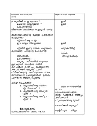 classroom interaction proc 
edure 
ഗ്പകൃതിക്ക് താെ  മ ചണ്ടാ ? 
മഴയ്ക്ക് താെ മ ചണ്ടാ ? 
ഗ്പകൃതിയിറല 
മിക്കസംഭവളിലള്‍ക്ക ം താെ മ ണ്ട് അചല 
? 
അളിലനയാറണങ്കില്‍ നമ റെ ൈരീരത്തിന് 
താെ മ ചണ്ടാ 
്താ് ആ താെ ം 
ഈ താെ ം നിലചാചലാ 
എങ്കില്‍ ടന്ധ നമള്‍ ഹൃദയറത 
ക െിചാ് പഠികാന്‍ട ചപാക ന്ധത് 
അവതരണം 
്രെര്‍ത്തന ം 1  ം 1  
മന ഷയ ൈരീരത്തില്‍ ഹൃദയം 
ടരിക ന്ധത് യഥാര്‍ച്ഥ ത്തില്‍ 
ക ട്ടികള്‍ക്ക് കാണിചു റകാെ ക്ക ന്ധ 
.അവര്‍ച് അത് അെ ത്ത് റചന്ധ് 
നിരീക്ഷിക്ക ന്ധ .അതിന ചൈഷം താറഴ 
തന്ധിരിക്ക ന്ധ ചചാദയളിലള്‍ക്ക് ഉത്തരം 
എഴ താന്‍ട ആവൈയറപ്പെ ന്ധ 
ചര്‍ത്ചം 1 ം 1 ്ചചകിളുകള 
1. ഹൃദയത്തിറെ ഥാനാനം 
എവിറെയാ് ? 
2. ഹൃദയത്തിറെ ആകൃതി 
എന്ത് ? 
3. ഹൃദയത്തിറെ വലിപ്പം 
എന്ത് ? 
ക്കിളുകോഡീകിളുകരണ ം 1  
ഓരസാൈയത്തില്‍ ൈവാസ ചകാൈ 
Expected pupils response 
ഉണ്ട് 
ഉണ്ട് 
ഉണ്ട് 
ഹൃദയമിെിപ്പ് 
നമള്‍ 
മരിചുചപാക ം 
ഔര സാൈയത്തില്‍ 
ൈവാസ 
ചകാൈളിലള്‍ക്കിെയില്‍ 
ടെത വൈചത്തക് അല്‍പ്പം 
ചരിഞ്ഞാ് 
ഹൃദയംകാണറപ്പെ ന്ധത് 
ചകാണിക്കല്‍ ആകൃതി 
മ ഷ്ട്െിയ റെ വലിപ്പം 
 