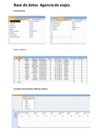 Base de datos Agenciade viajes
Vista de diseño
Tablas: registros
Consultasvista de diseñoy tablas de registros
 