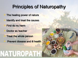 Principles of NaturopathyPrinciples of Naturopathy
 The healing power of natureThe healing power of nature
 Identify and treat the causesIdentify and treat the causes
 First do no harmFirst do no harm
 DoctorDoctor as teacheras teacher
 Treat the whole personTreat the whole person
 Prevent disease and ill healthPrevent disease and ill health
 