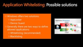 Application Whitelisting: Possible solutions
Windows offers two solutions:
AppLocker
Device Guard
Generally there are two ways to define
allowed applications:
Whitelisting (recommended)
Blacklisting
 