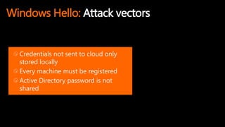 Windows Hello: Attack vectors
Credentials not sent to cloud only
stored locally
Every machine must be registered
Active Directory password is not
shared
 