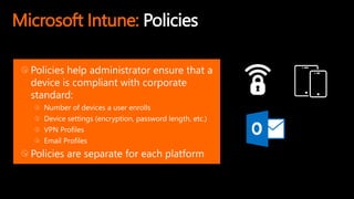 Microsoft Intune: Policies
Policies help administrator ensure that a
device is compliant with corporate
standard:
Number of devices a user enrolls
Device settings (encryption, password length, etc.)
VPN Profiles
Email Profiles
Policies are separate for each platform
 