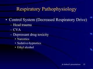 Respiratory Pathophysiology Control System (Decreased Respiratory Drive) Head trauma CVA Depressant drug toxicity Narcotics Sedative-hypnotics Ethyl alcohol 