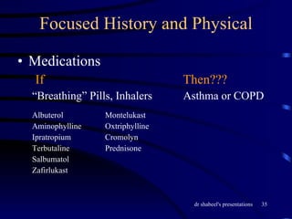 Focused History and Physical Medications If    Then??? “ Breathing” Pills, Inhalers    Asthma or COPD Albuterol Montelukast Aminophylline Oxtriphylline Ipratropium Cromolyn Terbutaline Prednisone Salbumatol Zafirlukast 