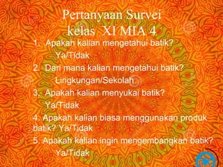 Pertanyaan Survei 
kelas XI MIA 4 
1. Apakah kalian mengetahui batik? 
Ya/Tidak 
2. Dari mana kalian mengetahui batik? 
Lingkungan/Sekolah 
3. Apakah kalian menyukai batik? 
Free Powerpoint Templates Page 25 
Ya/Tidak 
4. Apakah kalian biasa menggunakan produk 
batik? Ya/Tidak 
5. Apakah kalian ingin mengembangkan batik? 
Ya/Tidak 
 
