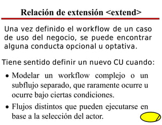 Relación de extensión <extend>
Una vez definido el workflow de un caso
de uso del negocio, se puede encontrar
alguna conducta opcional u optativa.
Tiene sentido definir un nuevo CU cuando:
 Modelar un workflow complejo o un
subflujo separado, que raramente ocurre u
ocurre bajo ciertas condiciones.
 Flujos distintos que pueden ejecutarse en
base a la selección del actor.
 